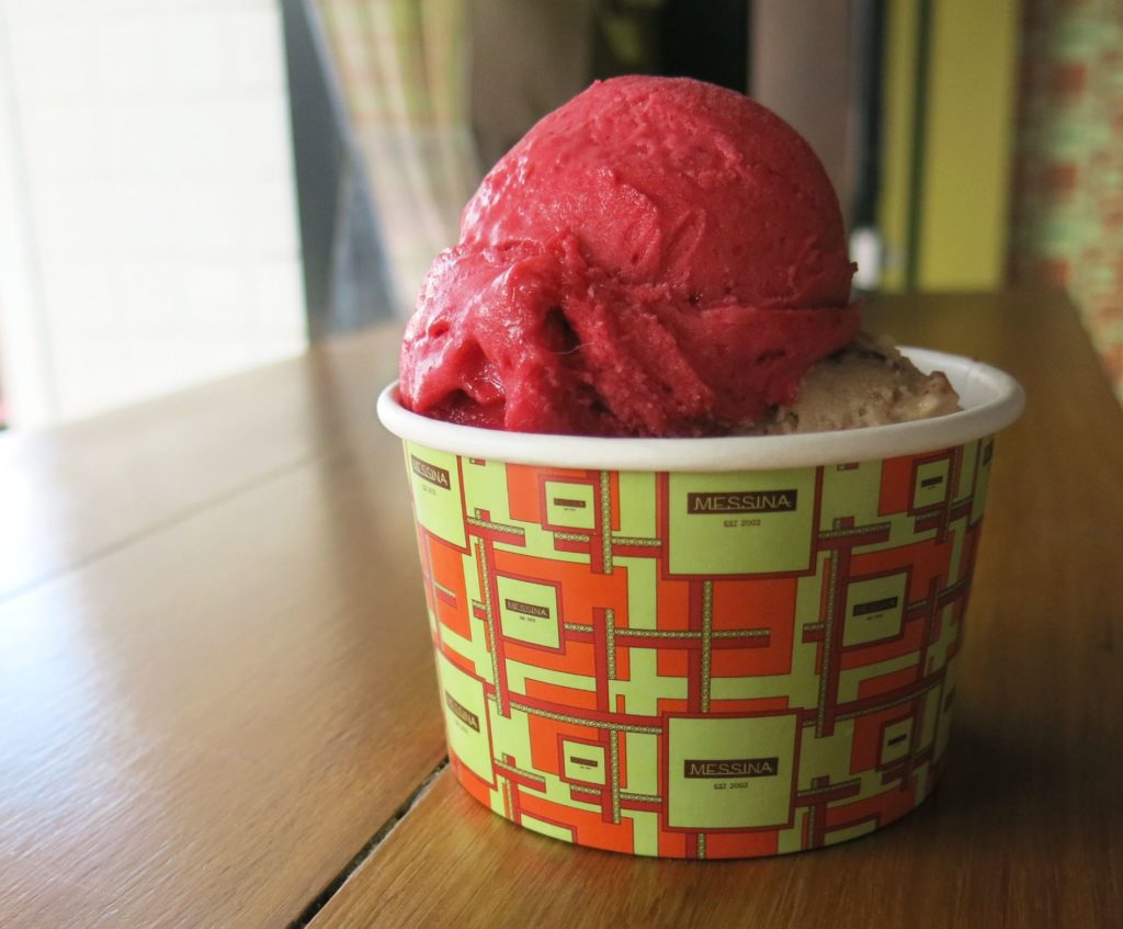 Gelato Messian - raspberry sorbet paired with coconut and almond