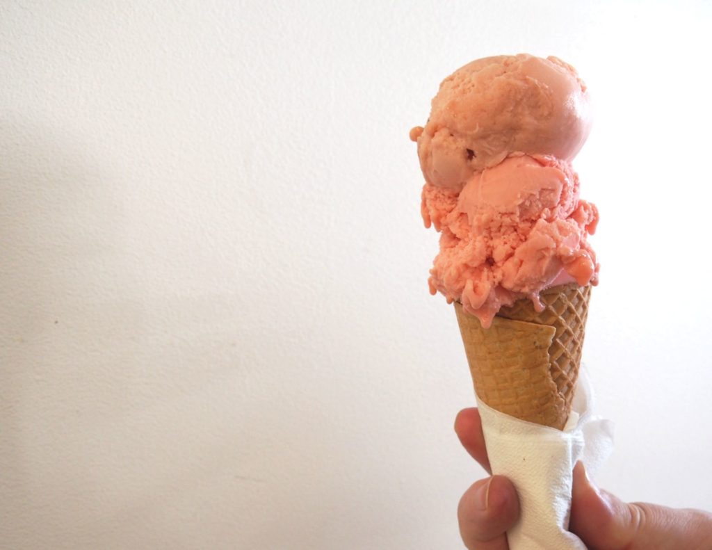 Watermelon gelato paired with blood orange gelato from Cool Delights on Bay.