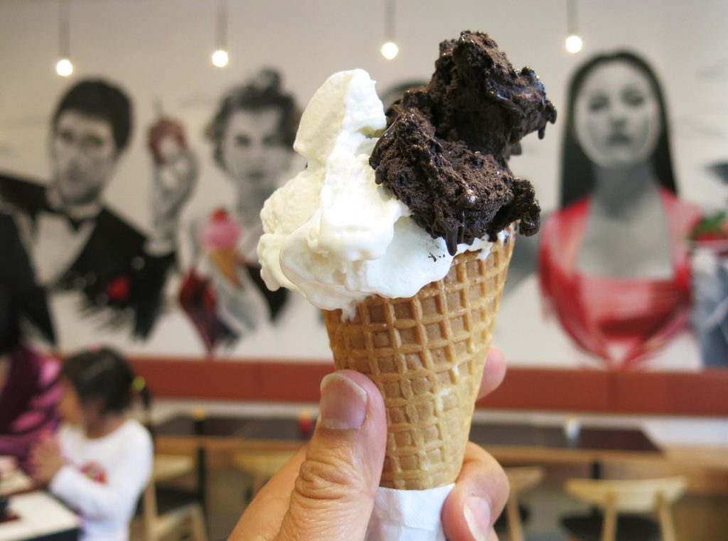 The star of the day: dark chocolate sorbetto paired with coconut gelato from Cielo Gelateria