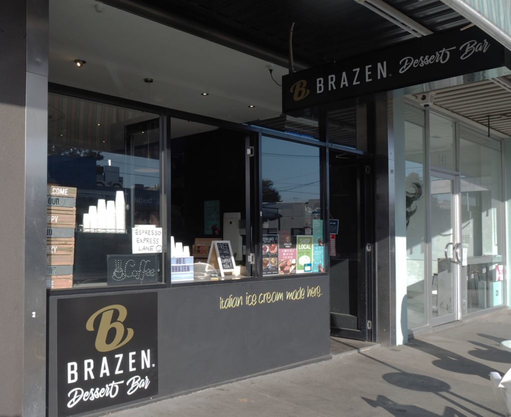 Brazen Brownies in Fairfield village, with a convenient window for coffee orders.