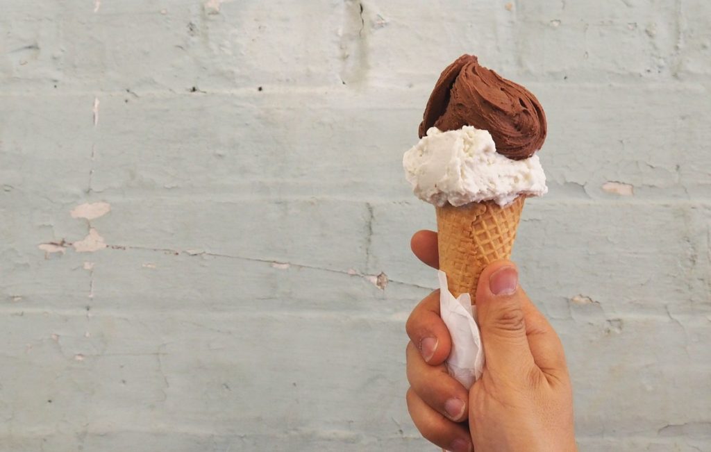 The best coconut gelato in Melbourne, paired with a luscious dark chocolate sorbetto.