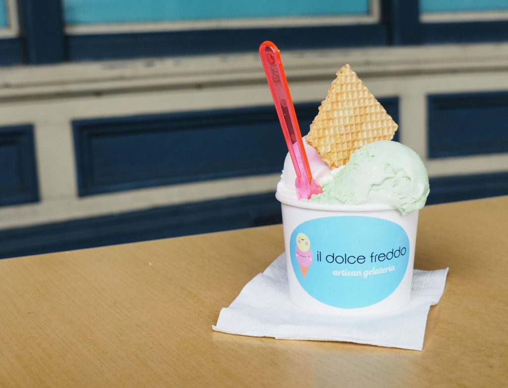 Pandan & coconut gelato paired with lychee gelato at Il Dolce Freddo.