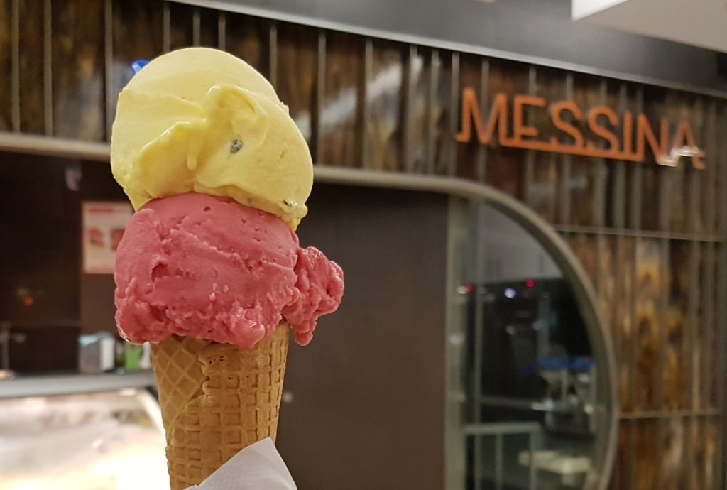 Blood orange sorbetto paired with passionfruit sorbetto at Gelato Messina