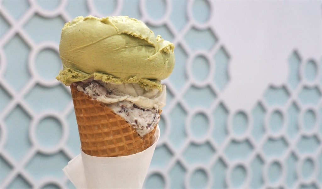 A classic pistachio gelato, paired here with cherry, chocolate and coconut gelato.