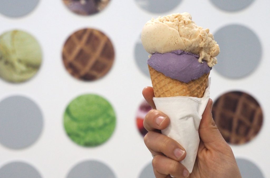 Love the purple colour of the taro and coconut gelato, paired here with roasted almond gelato.