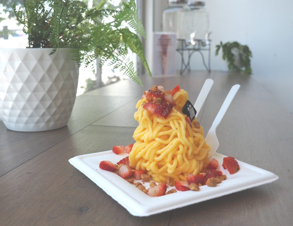 Mango spaghetti gelato from Madame Spaghetti.