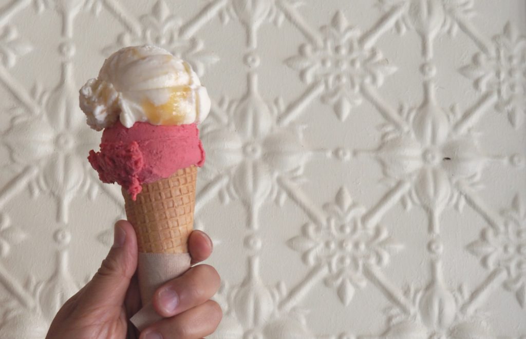 Foxy Cleopatra gelato – a Messina weekly special – paired with raspberry sorbetto.