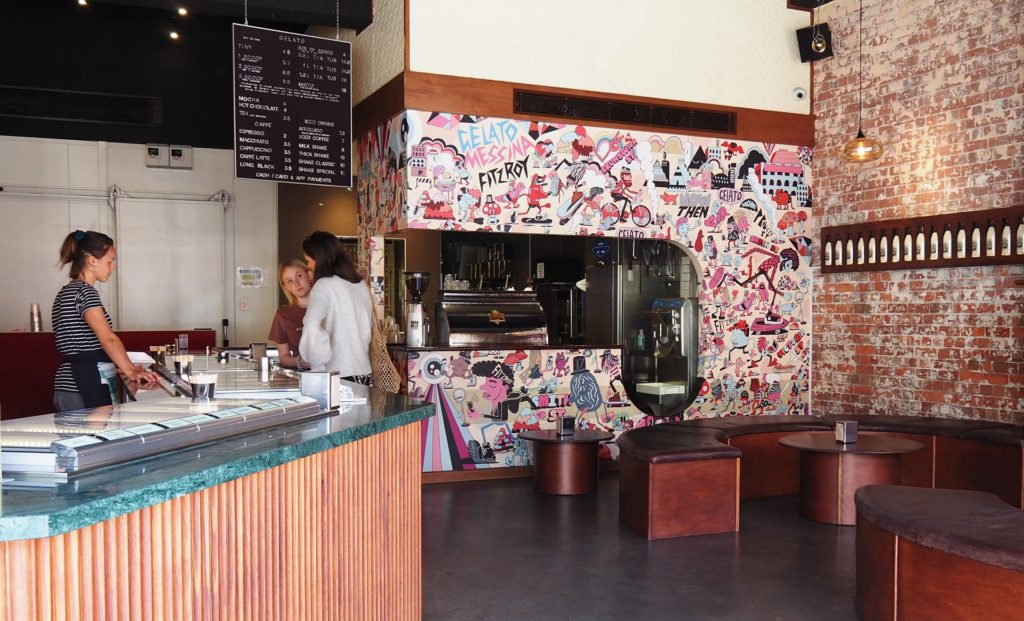 Distressed walls, funky mural, definitely a Fitzroy vibe at Gelato Messina Fitzroy.