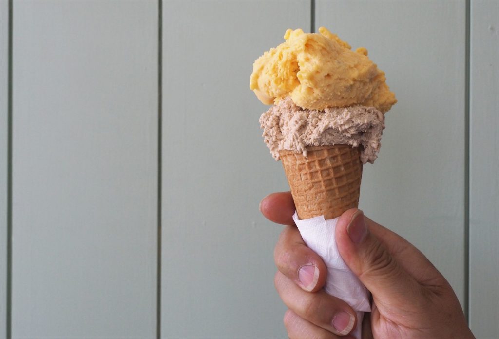 Hazelnut gelato paired with mango and passionfruit sorbetto, from Gelateria Bico.