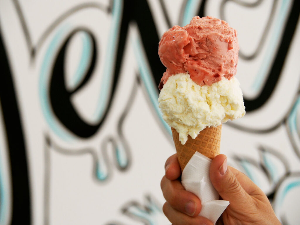 A Hint Of Mint gelato, paired with strawberry from Lipari Gelato Bar