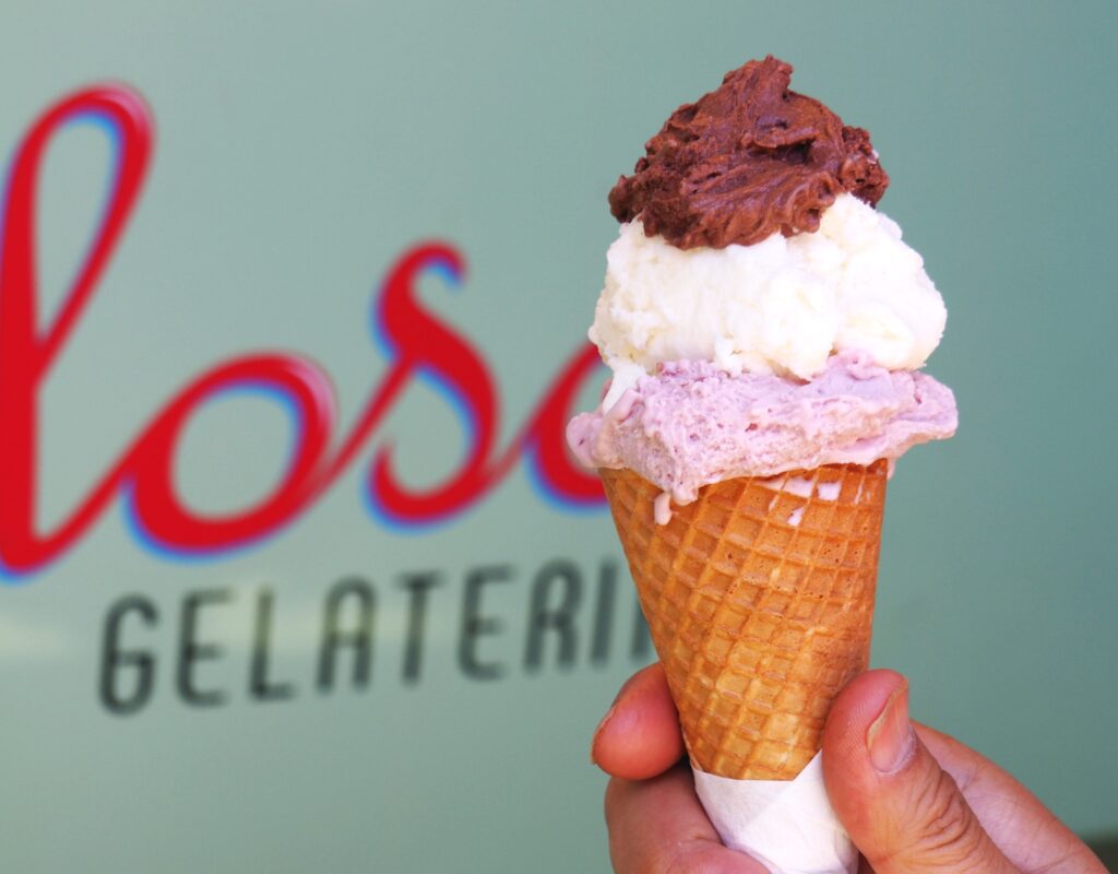A do-it-yourself cherry ripe! Triple scoop of cherry, chocolate and coconut gelati from Geloso Gelateria.