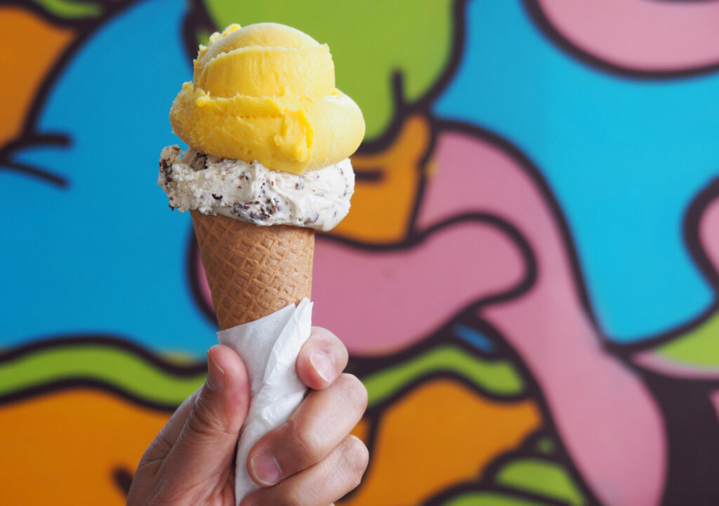 Sunshine on a cone. A sublime mango sorbetto, paired with salty peanut gelato from Gelato al Mare.