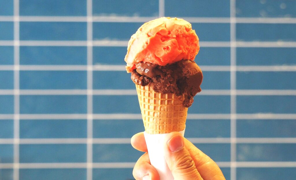 Dark chocolate paired with blood orange sorbetto.