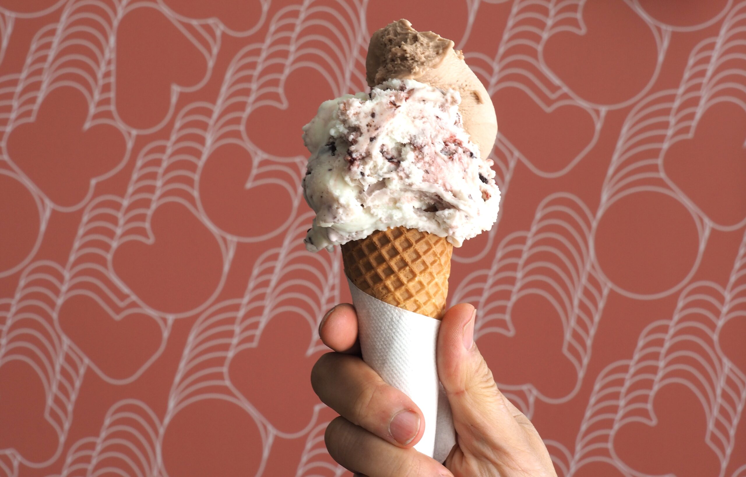 A star flavour from Okay Lucy: luscious cherry ripe gelato. Paired with Okay Lucy’s classic hazelnut gelato.